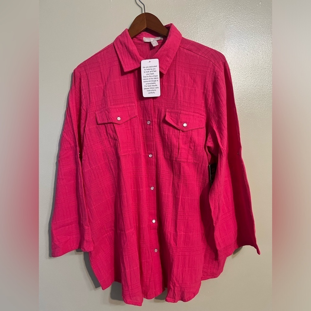 Women With Control Womens Pink Perl Snap Western Style  100% Cotton Blouse 14/16